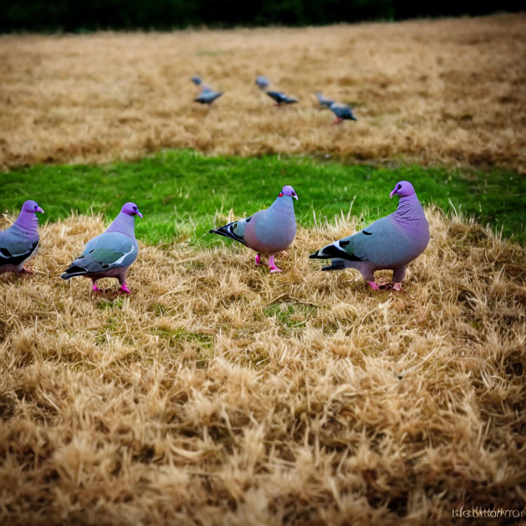 Flock of pigeons foraging in golden-brown grass