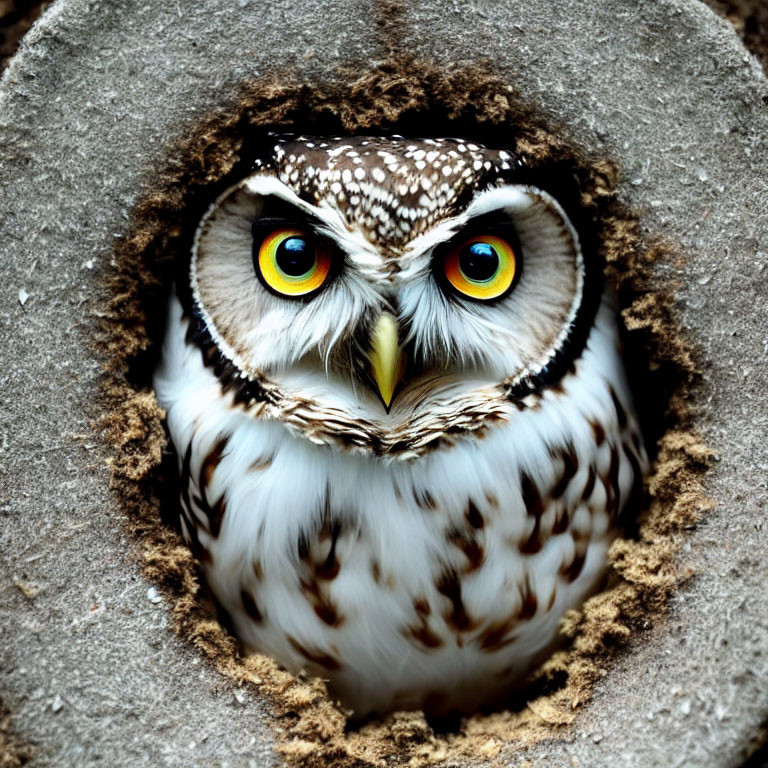 Yellow-eyed owl peering from round hole with white and brown feathers.