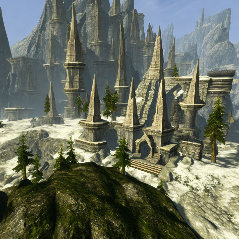 Fantasy landscape with towering spires and ancient stone structure