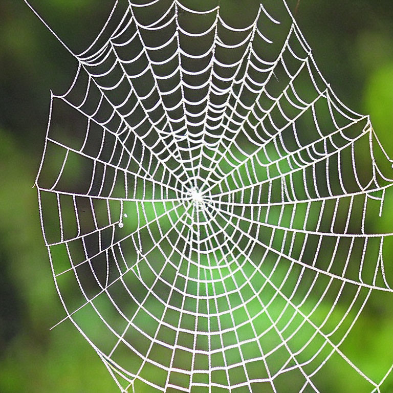 Detailed close-up of dew-covered spider web on blurred green backdrop