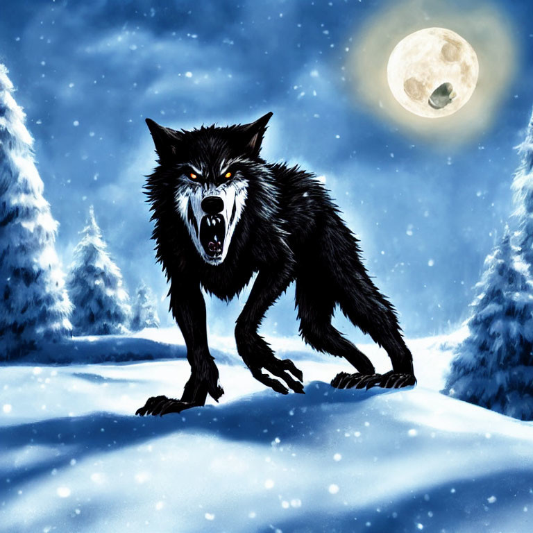 Black Wolf in Snowy Forest Under Full Moon