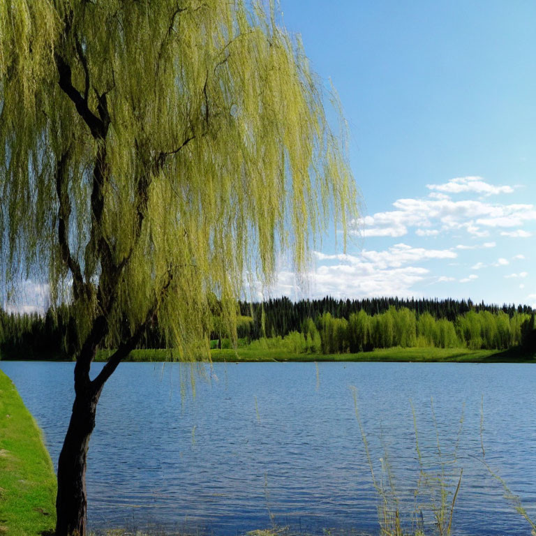 Serene lake with weeping willow tree and forested shore