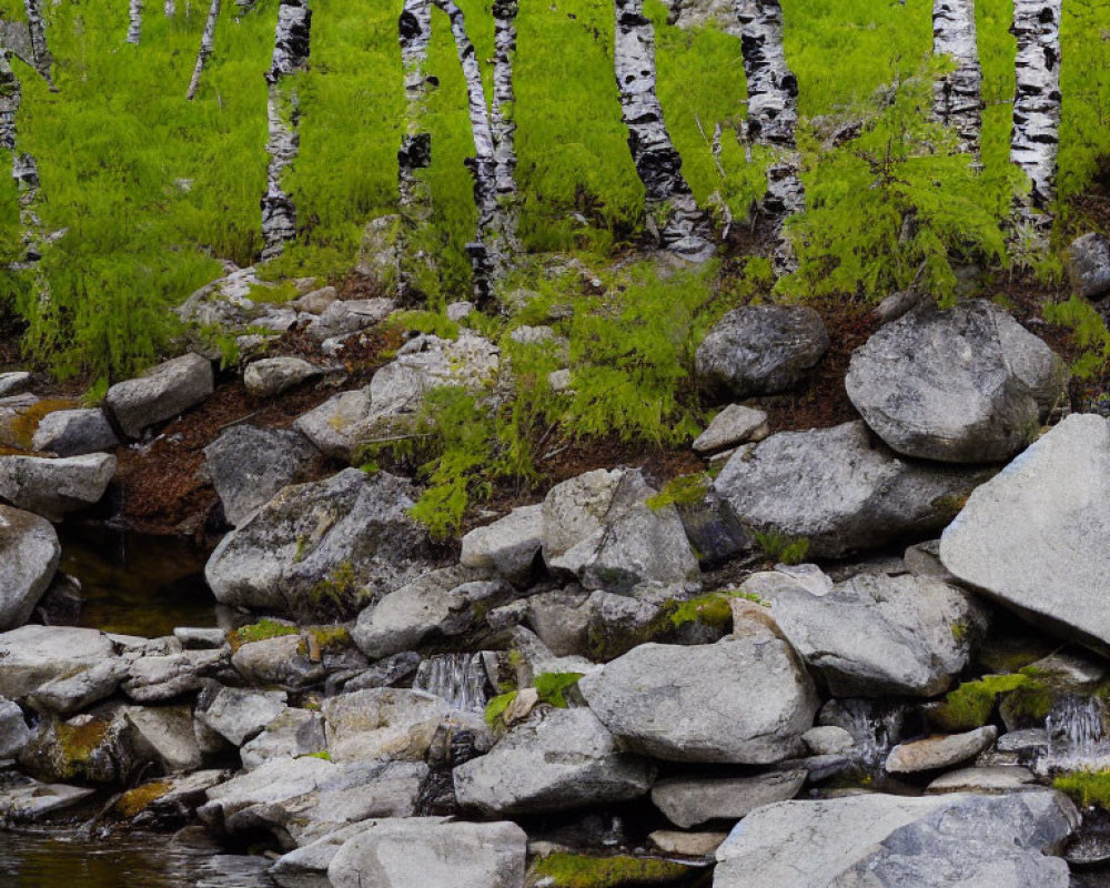 Tranquil forest scene with birch trees, rocky shore, and lush greenery reflected in calm