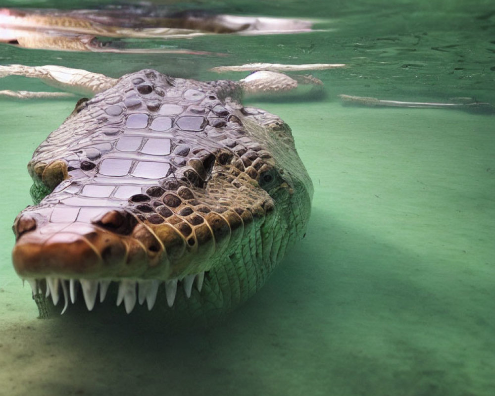 Alligator head with sharp teeth in murky green water