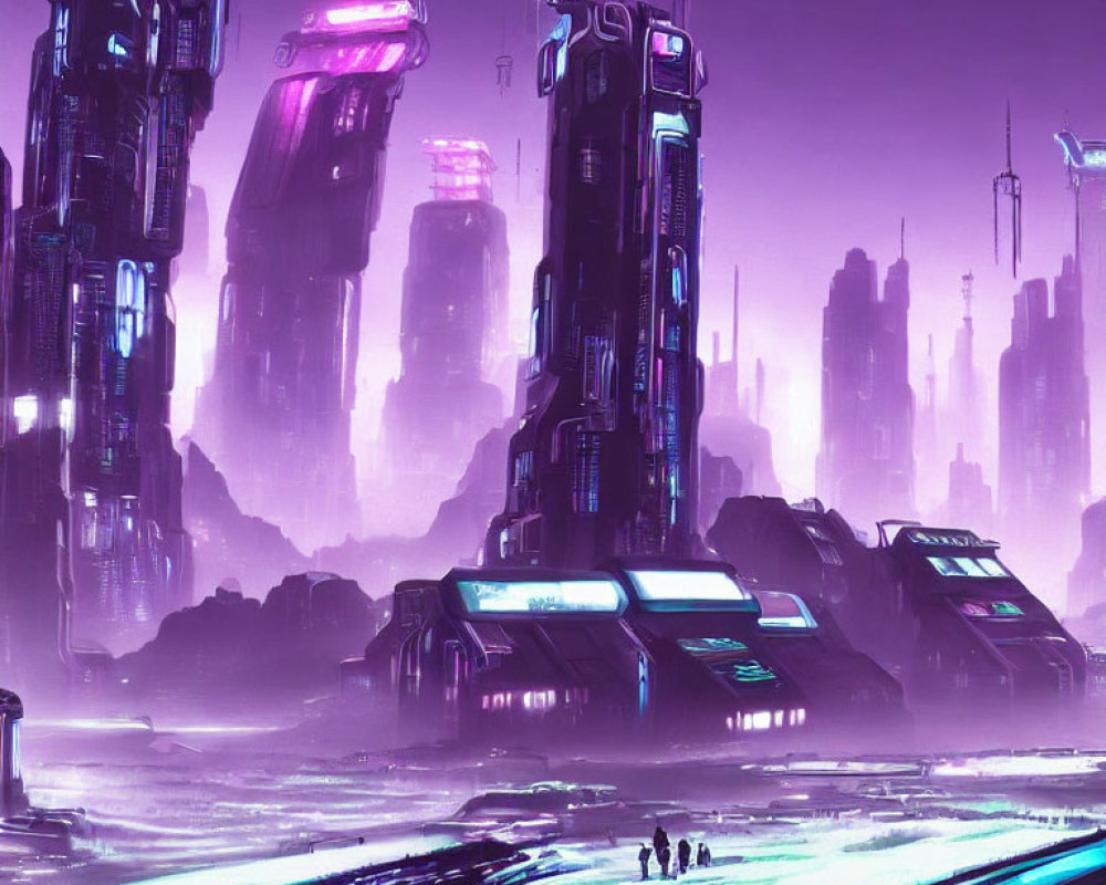 Futuristic cityscape with figures under purple sky