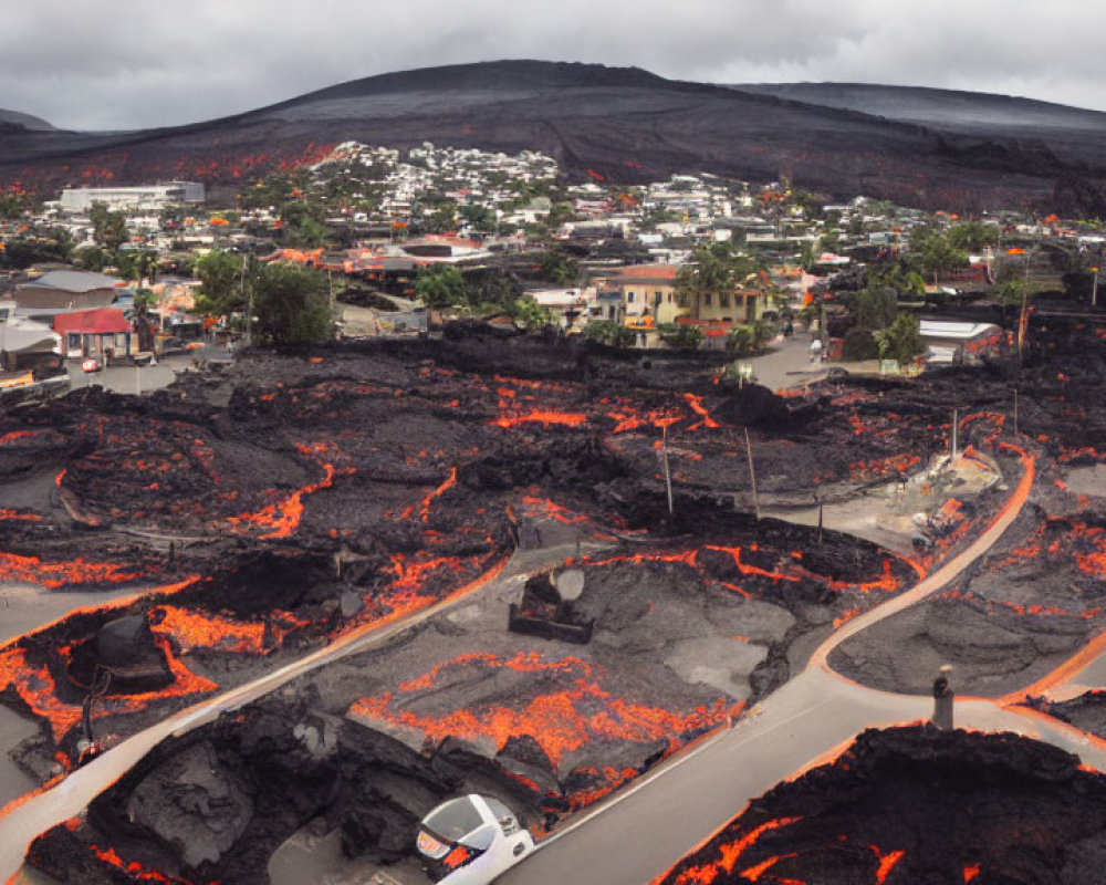 Town landscape with lava streams from volcanic eruption