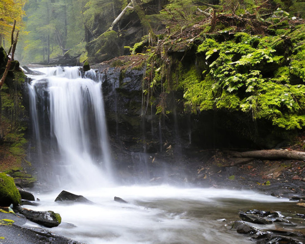 Tranquil forest waterfall scene with flowing misty waters