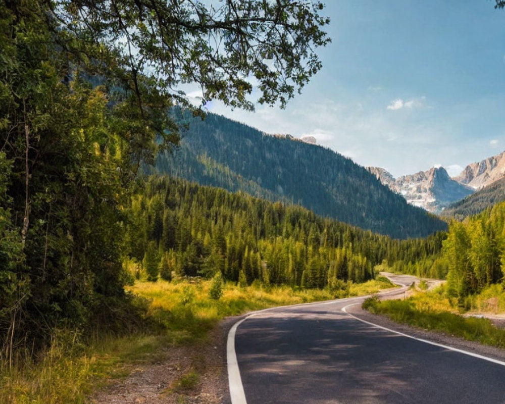 Scenic image of winding road in lush forest with mountains under clear sky