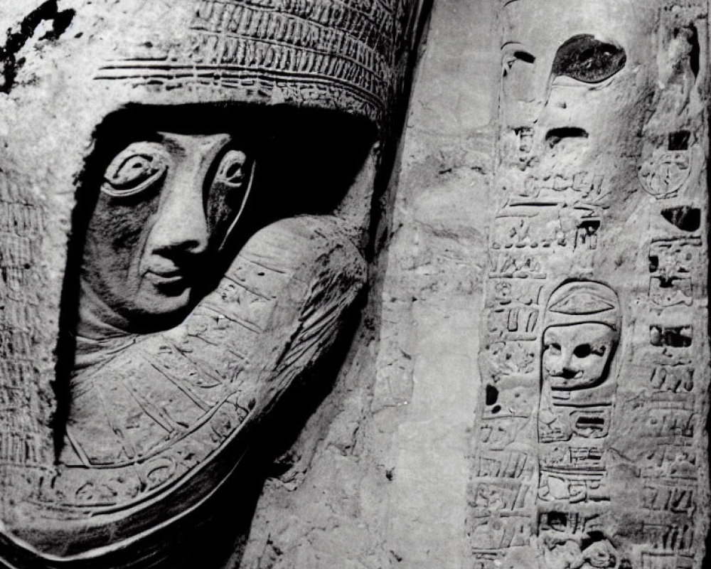 Detailed Egyptian Sarcophagi Carvings and Hieroglyphs