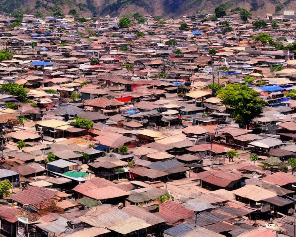 Cluster of makeshift houses with corrugated metal roofs in hilly area.