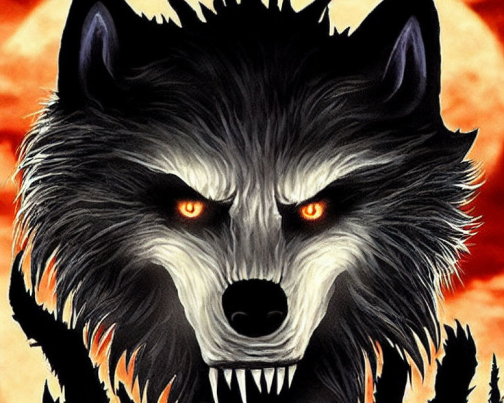 Snarling wolf illustration with glowing red eyes and fiery background