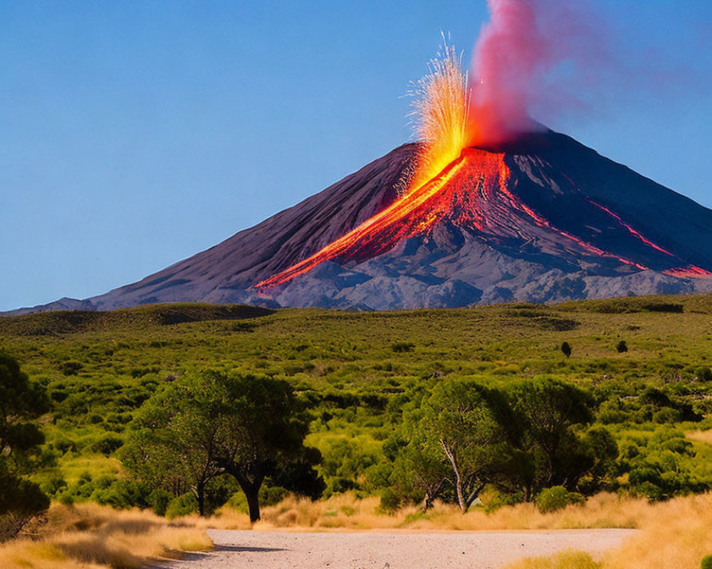 Volcano erupts spewing lava and ash over dirt path and green shrubbery