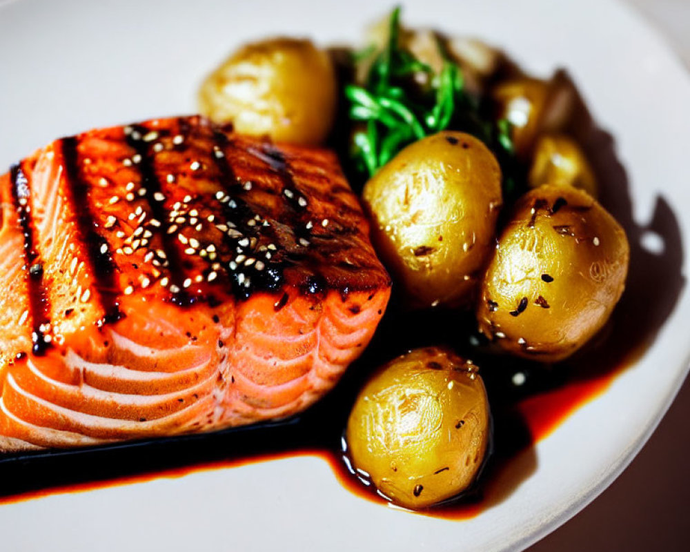 Sesame-Crusted Grilled Salmon with Herbed Potatoes and Green Vegetable, Dark Sauce