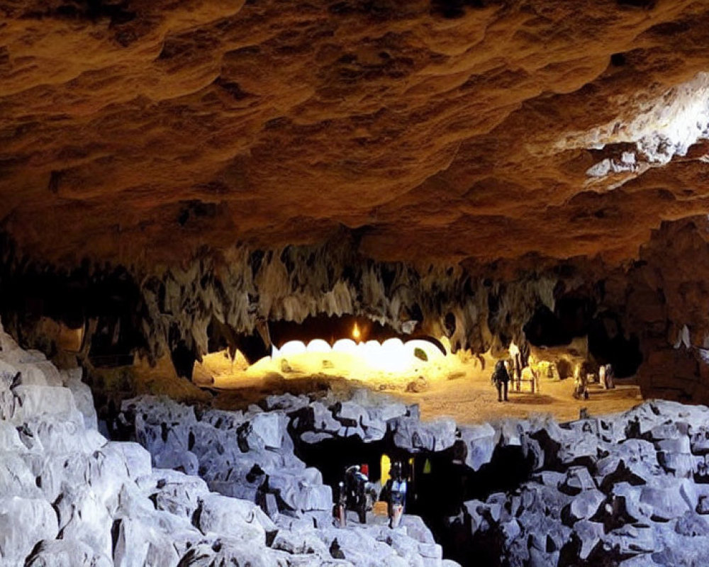 Spacious cavern with glowing stalactites and rocky formations