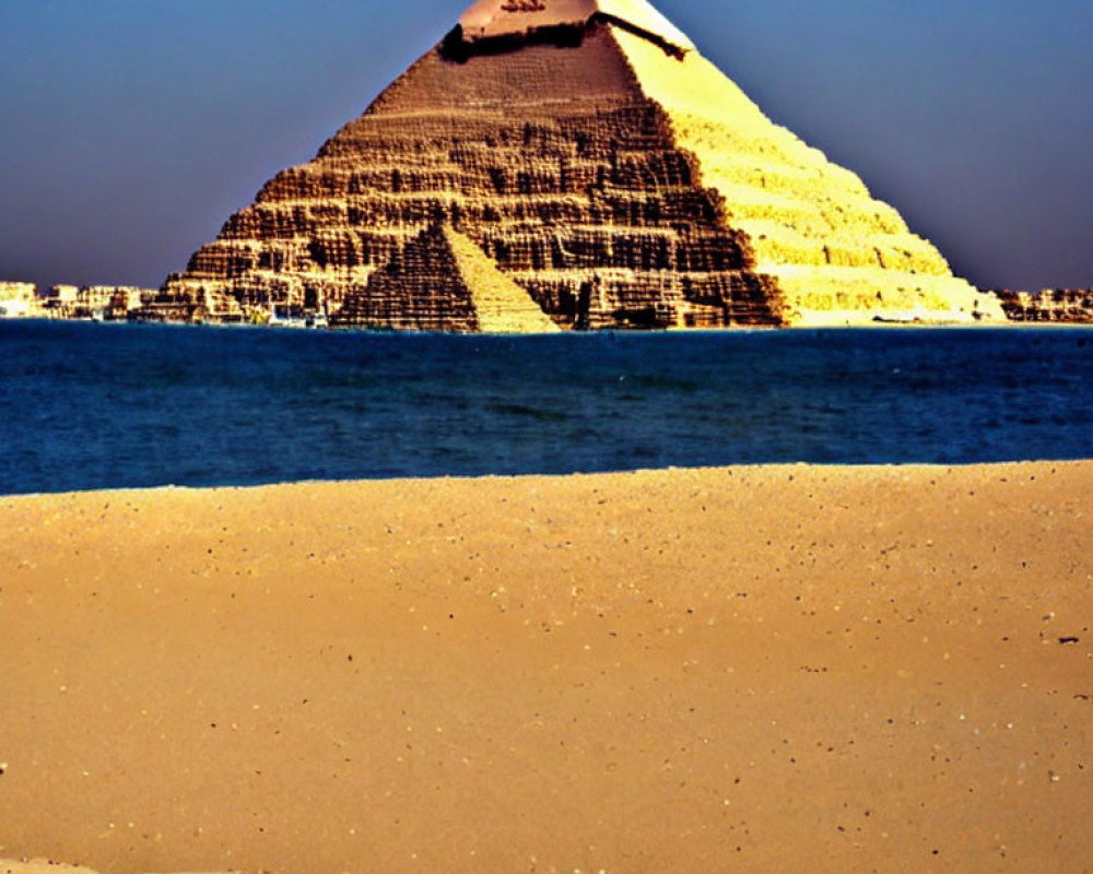 Sunlit Great Pyramid of Giza with limestone cap under blue sky.