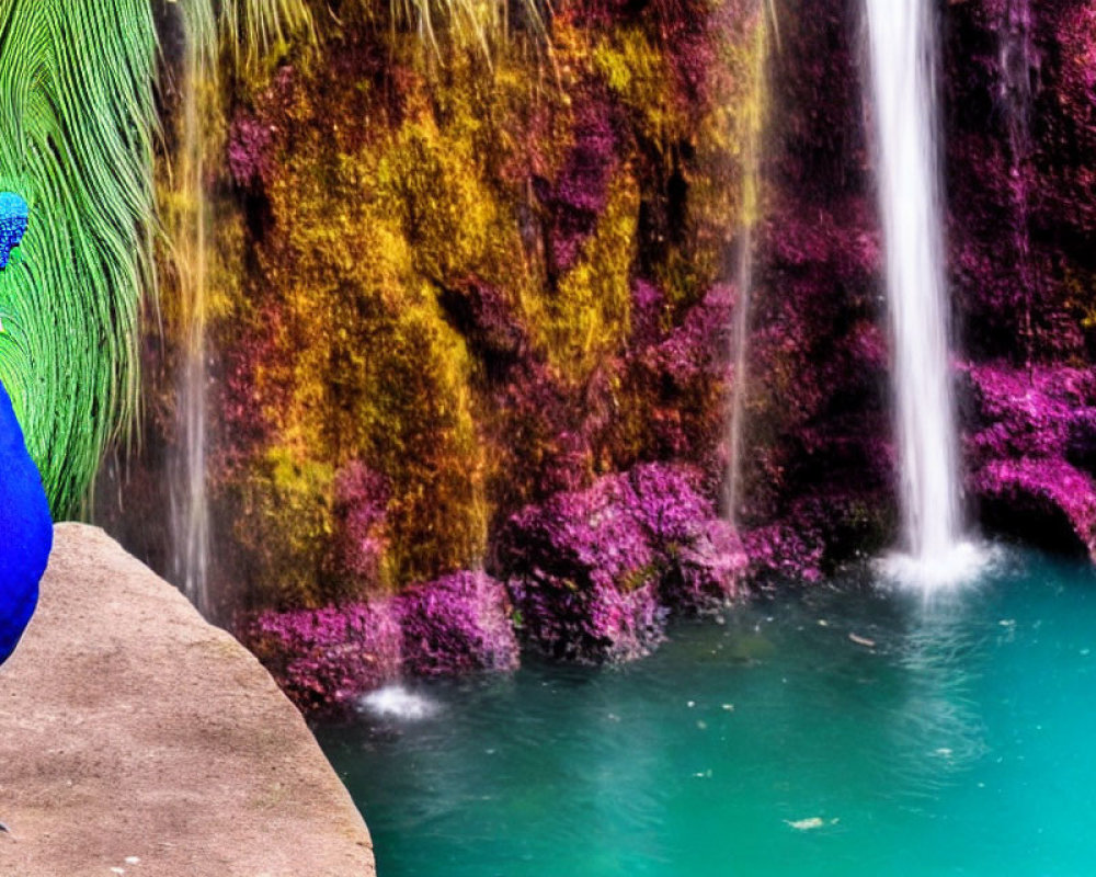 Colorful Peacock by Cascading Waterfall and Teal Pond