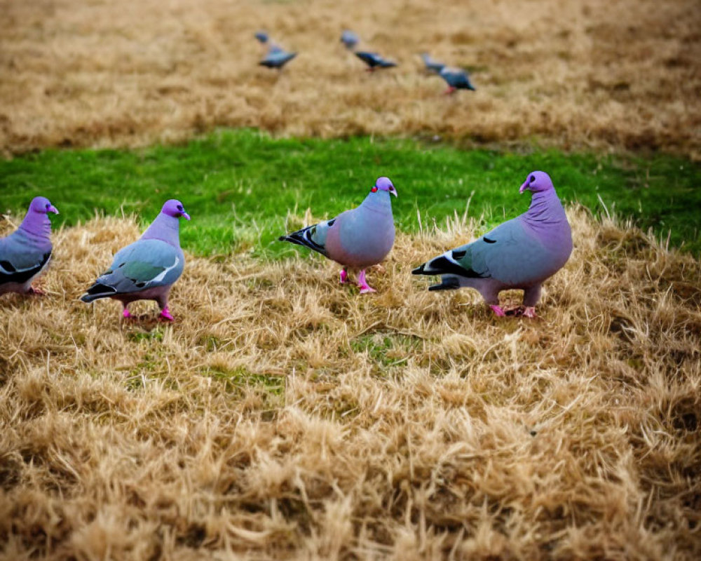 Flock of pigeons foraging in golden-brown grass