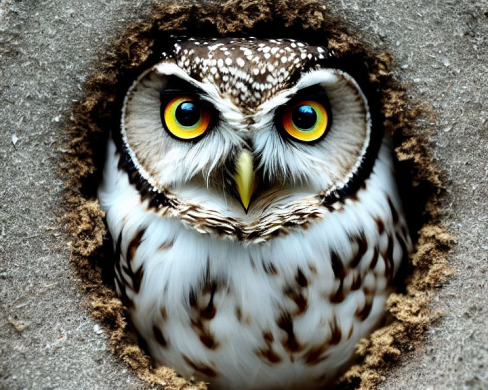 Yellow-eyed owl peering from round hole with white and brown feathers.