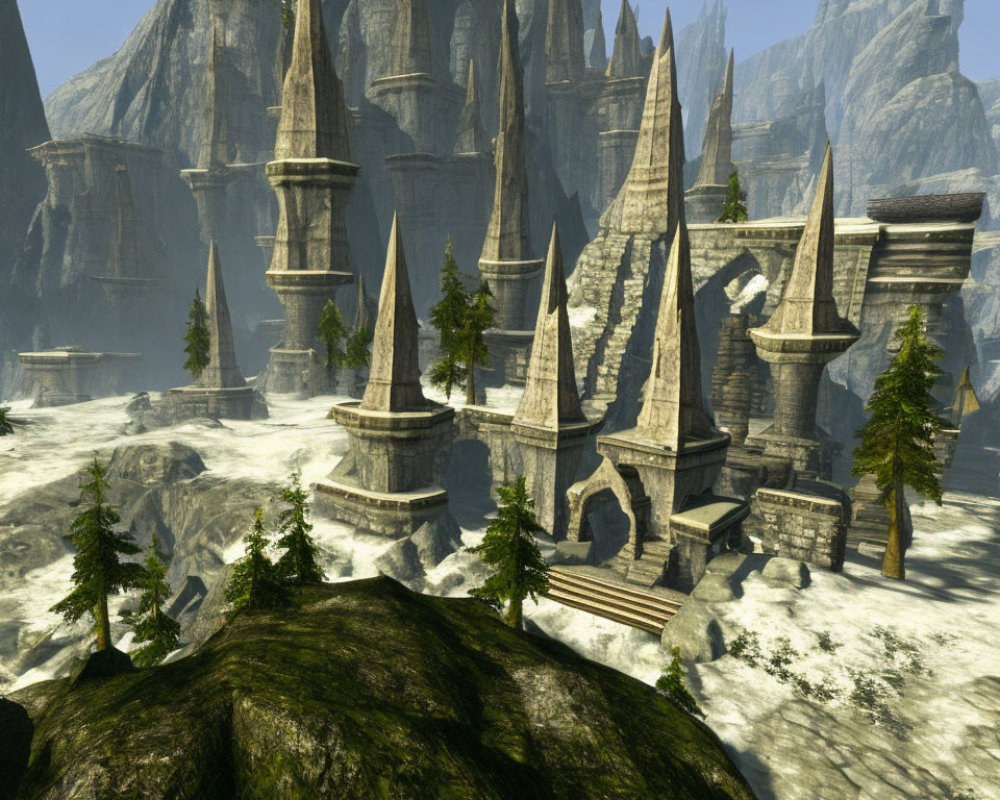 Fantasy landscape with towering spires and ancient stone structure