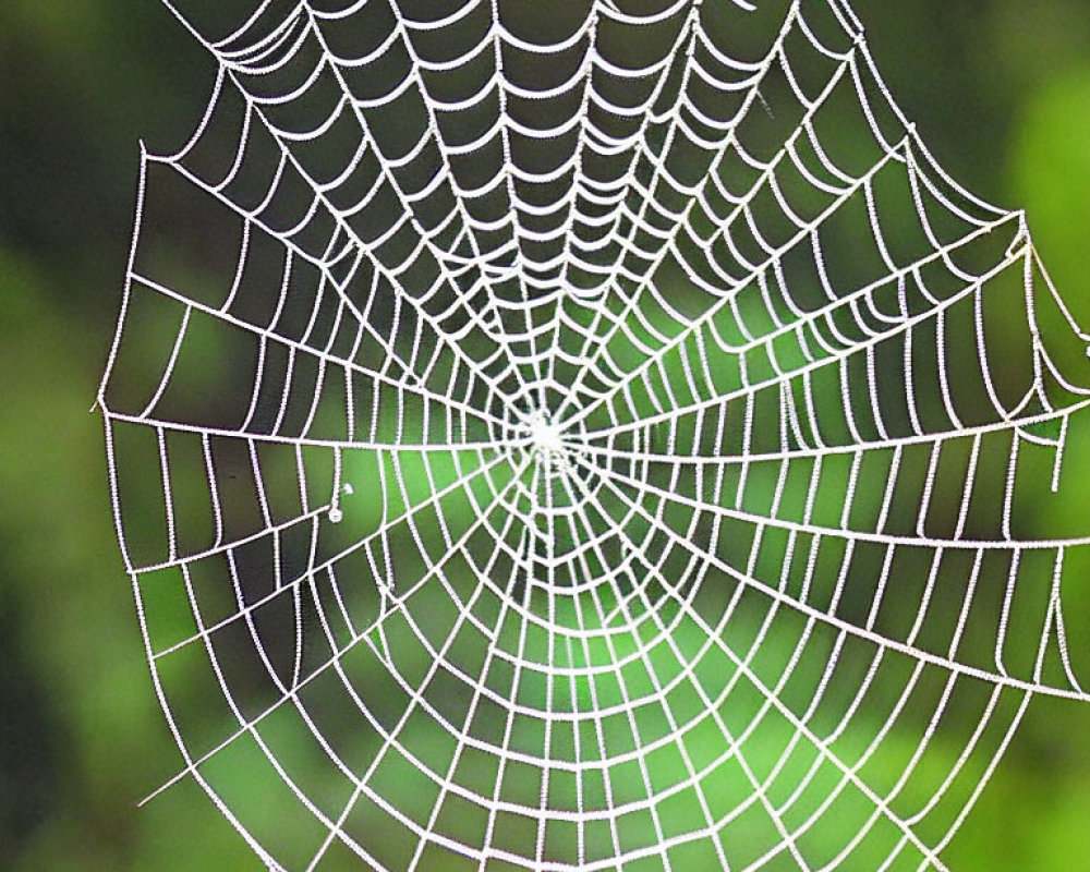 Detailed close-up of dew-covered spider web on blurred green backdrop