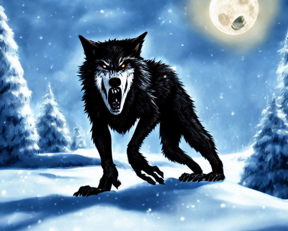 Black Wolf in Snowy Forest Under Full Moon