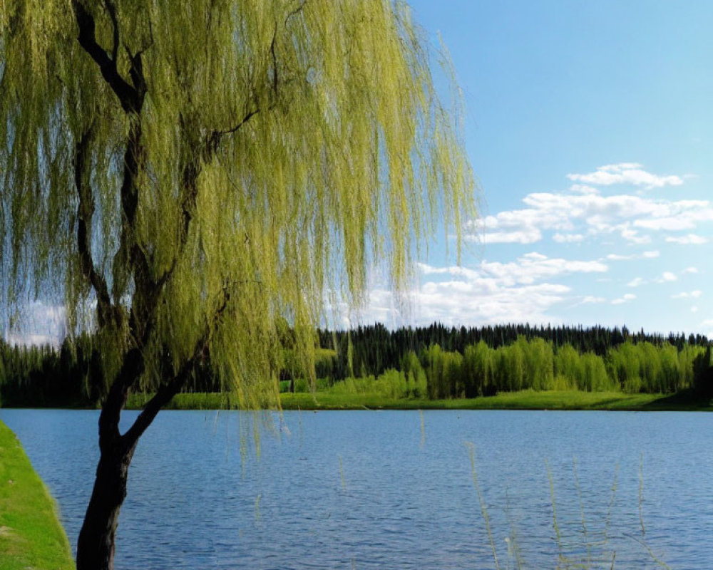 Serene lake with weeping willow tree and forested shore