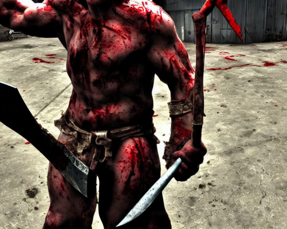 Muscular figure with knife and sickle in blood-splattered environment