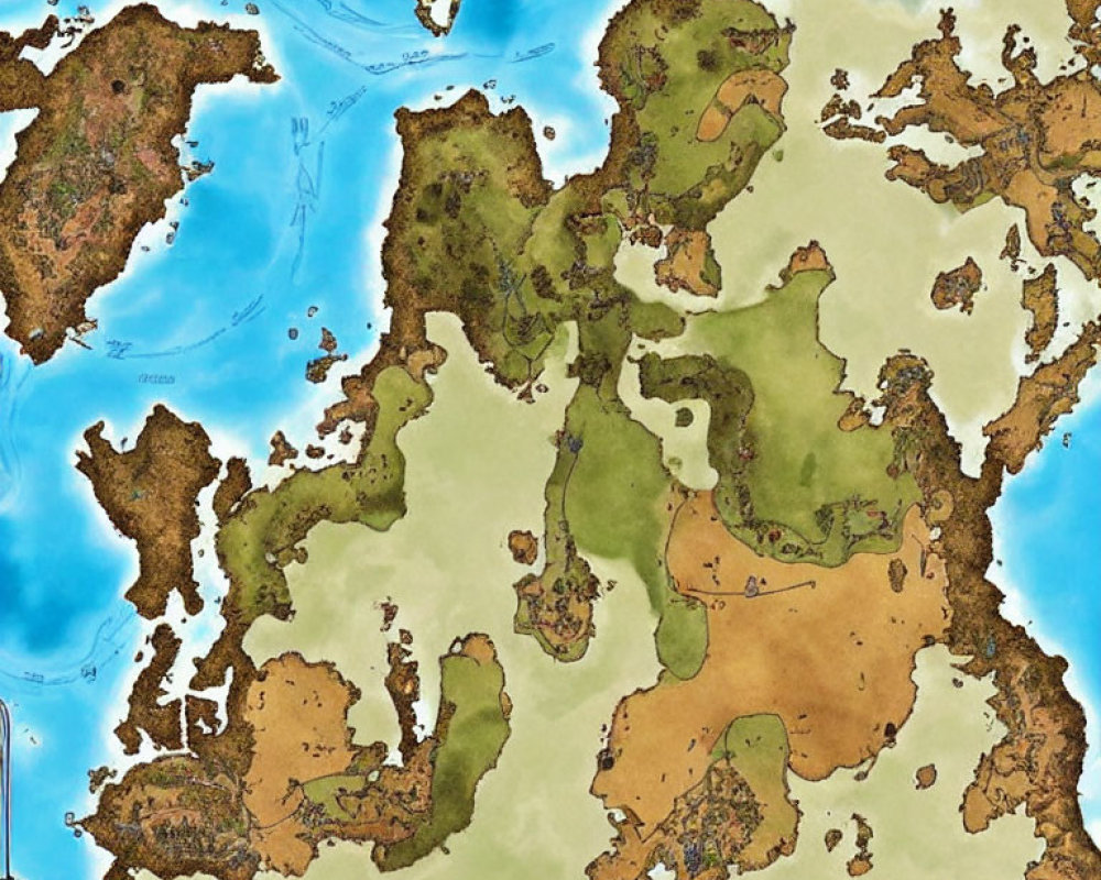 Detailed Fantasy-Style Map with Islands, Continents, Mountains, Forests, Rivers, and O