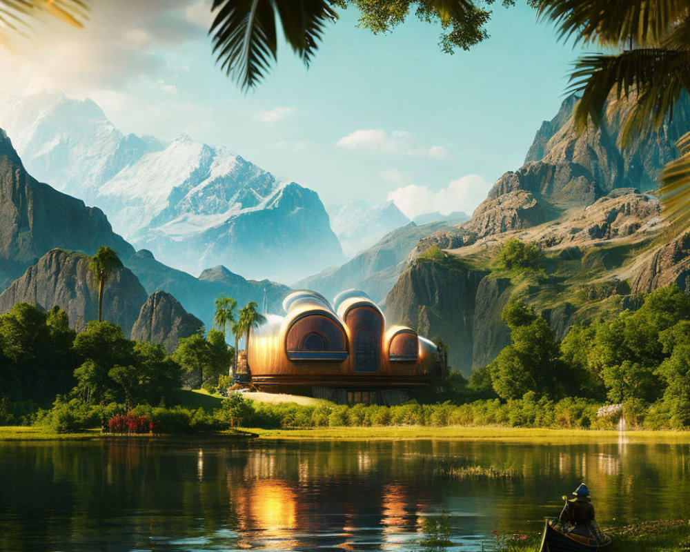 Tranquil lake scene with person canoeing, futuristic domed buildings, lush mountains, and clear