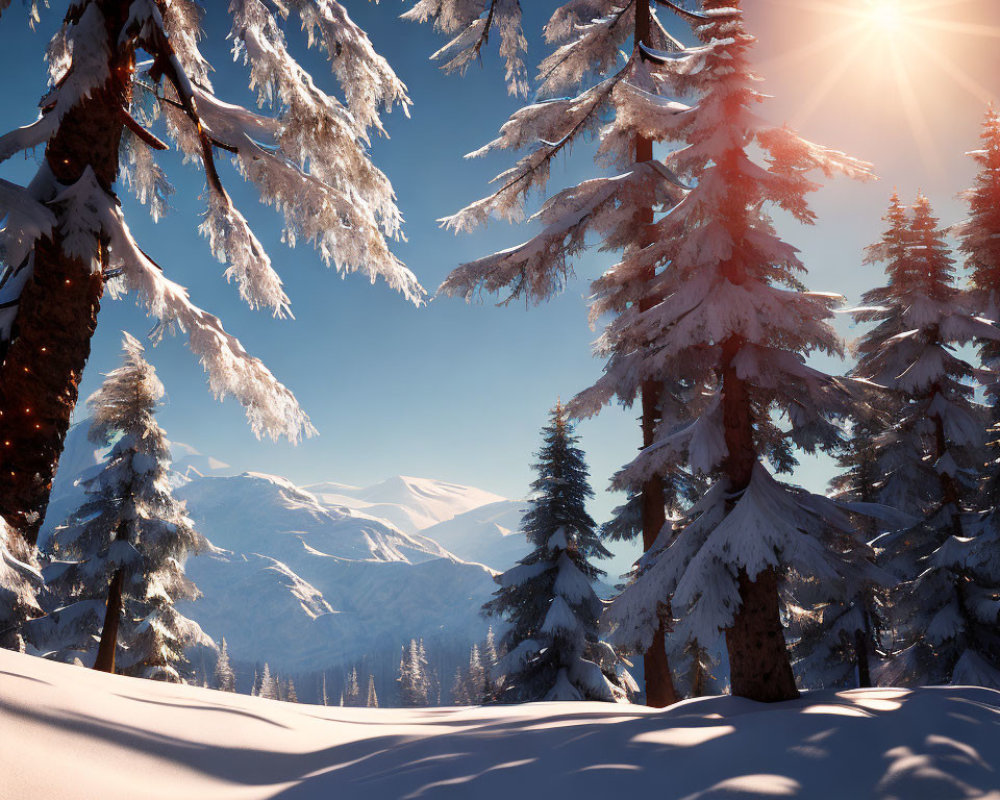 Snow-covered pine forest with sunbeams and distant mountains