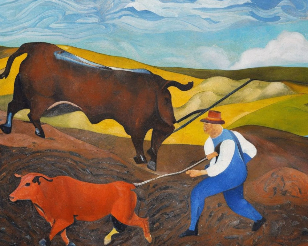 Rural landscape painting: farmer plowing field with oxen under blue sky