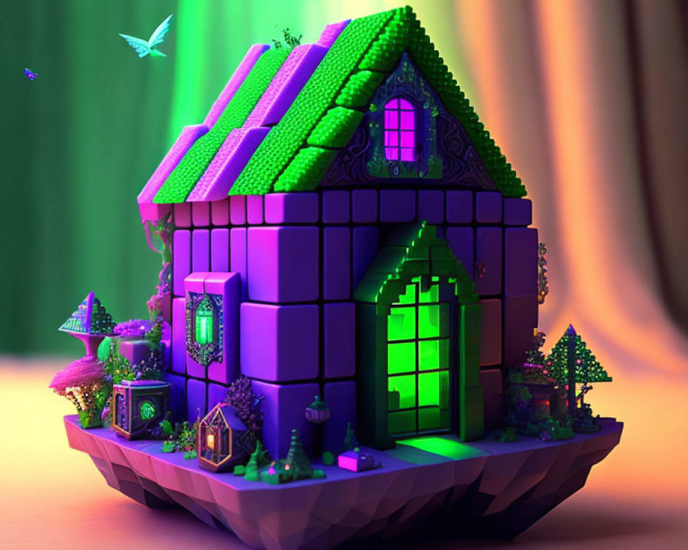 Colorful 3D illustration of fairytale purple house on floating platform