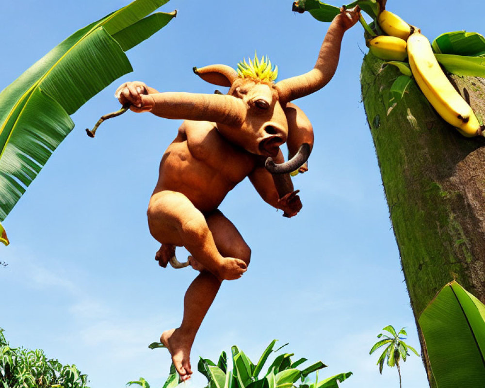 Bull-headed creature with banana hair in tropical setting