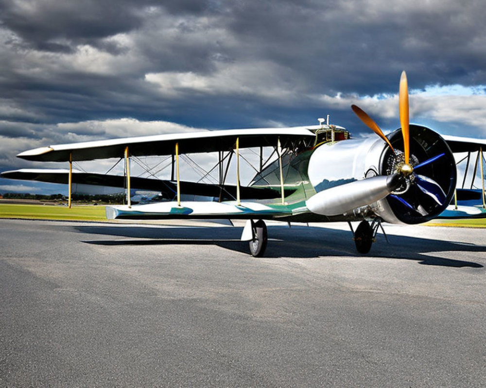 Vintage Biplane with Black and Yellow Propeller on Tarmac under Cloudy Sky