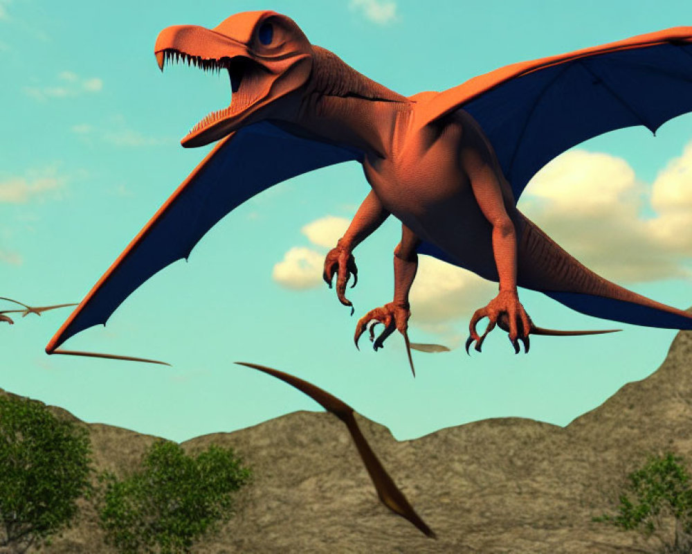 Red Pterodactyl Flying in 3D Landscape