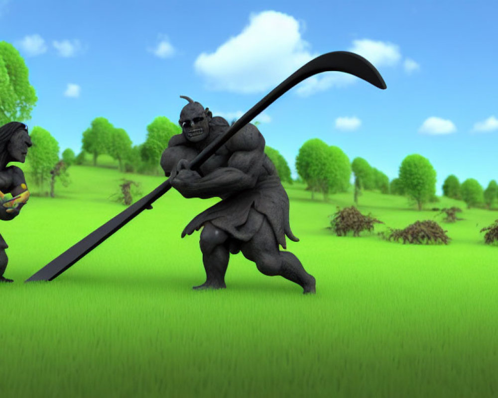 Animated ogre-like creatures with large weapons in lush green landscape