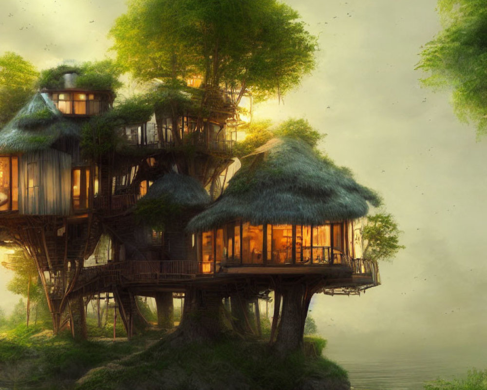 Glowing treehouse nestled in misty landscape