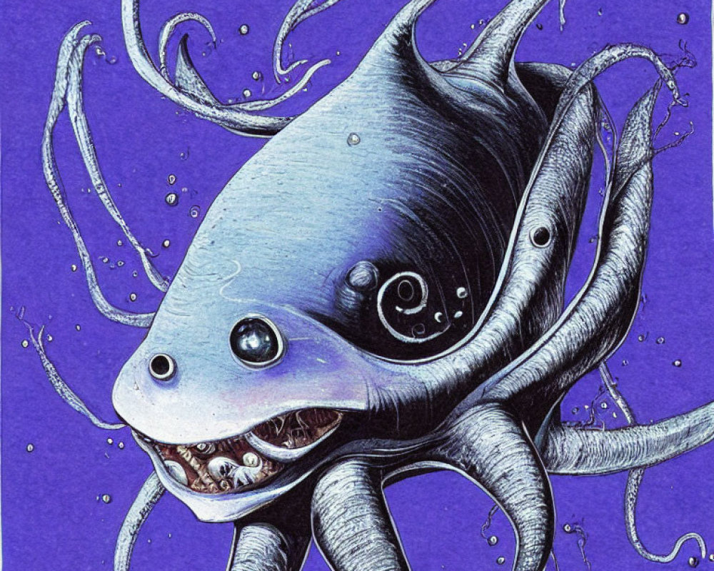 Blue octopus illustration with sharp teeth and swirling tentacles on purple background