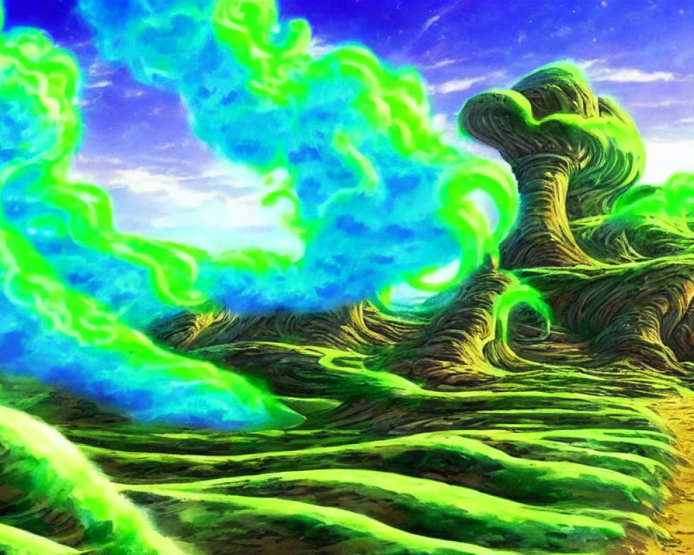 Surreal landscape with twisted green structures and blue flames under golden sky