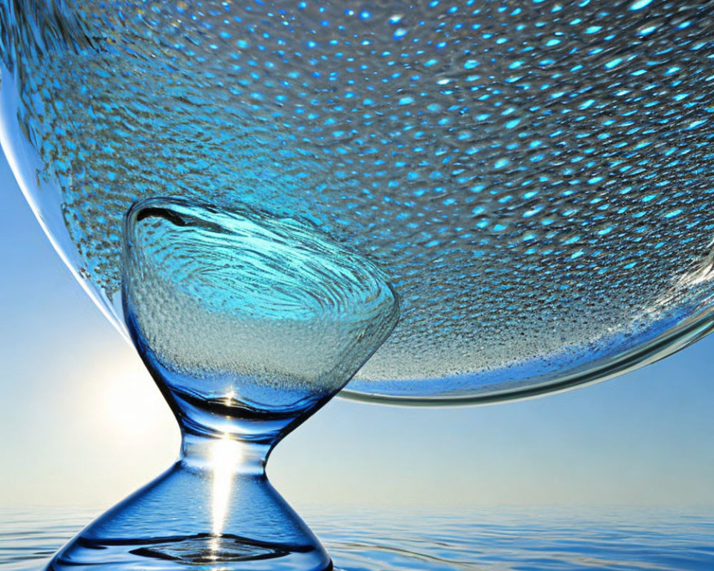 Hourglass with water flowing between bulbs against blue sky symbolizing fluid time.