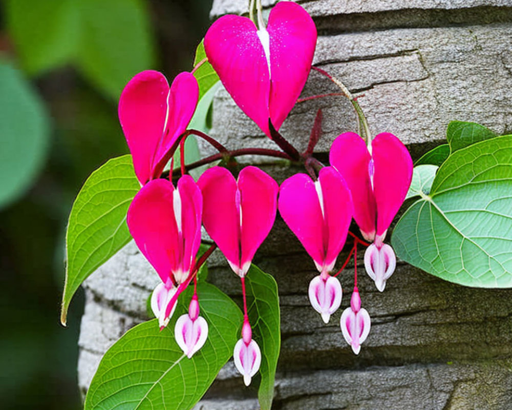 Pink Bleeding Heart Flowers with White Tips on Stem Against Bark Background