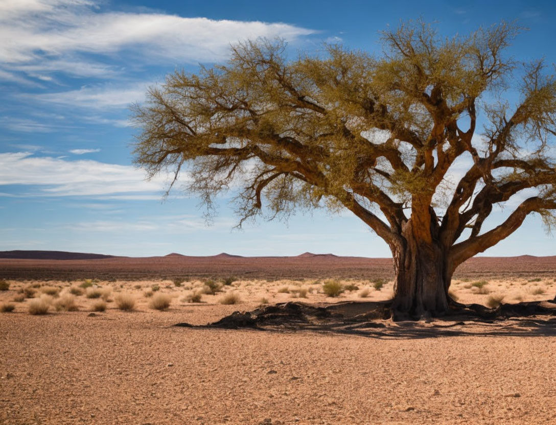 Large tree with thick trunk in desert landscape