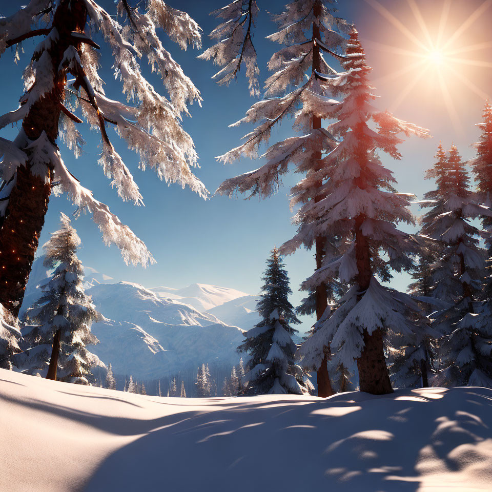 Snow-covered pine forest with sunbeams and distant mountains