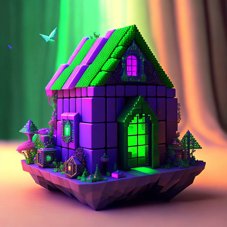 Colorful 3D illustration of fairytale purple house on floating platform