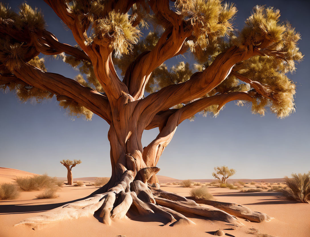 Majestic tree with twisting trunk in desert landscape