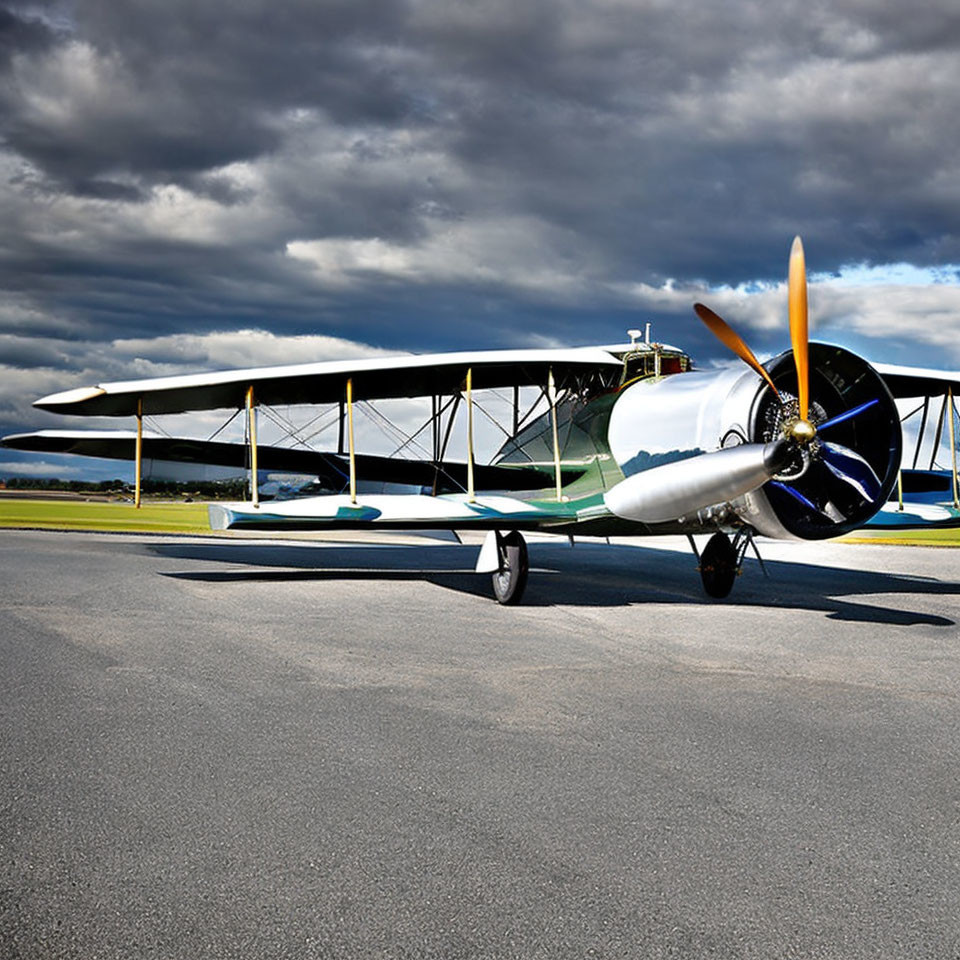 Vintage Biplane with Black and Yellow Propeller on Tarmac under Cloudy Sky