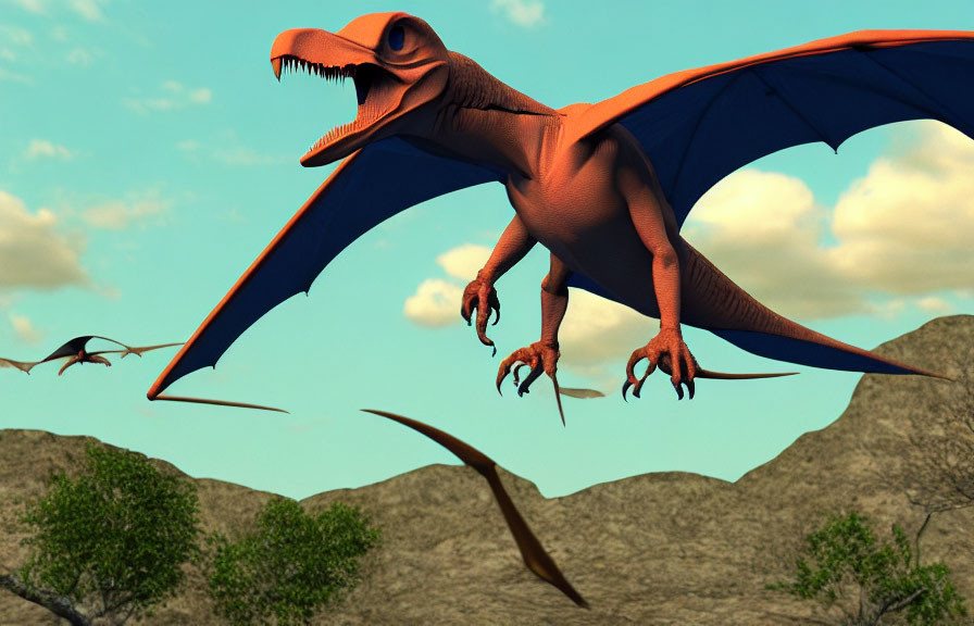 Red Pterodactyl Flying in 3D Landscape