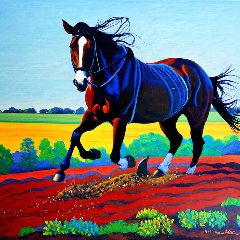 Majestic black horse painting galloping in vibrant field
