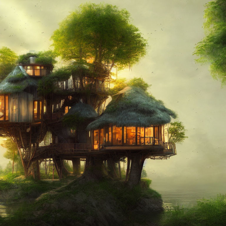 Glowing treehouse nestled in misty landscape