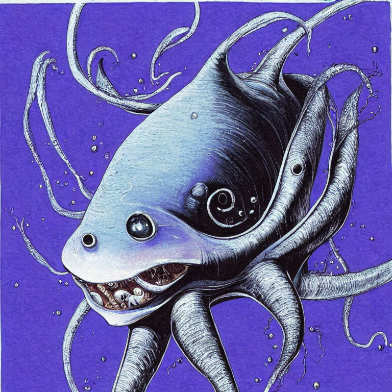 Blue octopus illustration with sharp teeth and swirling tentacles on purple background